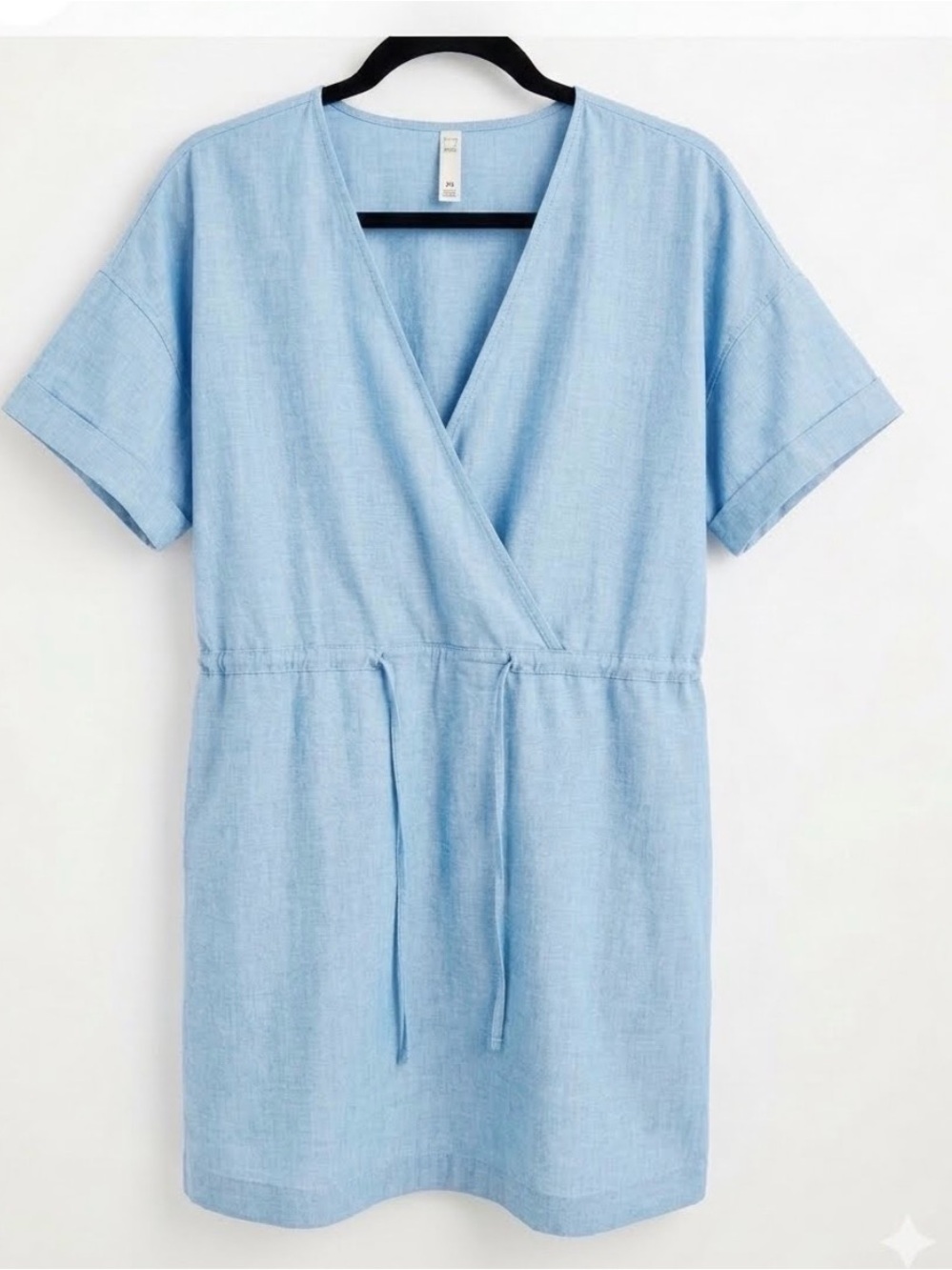 Boho Mango MNG Linen Blend Dress Light Blue V-Neck Wrap Drawstring Size 8